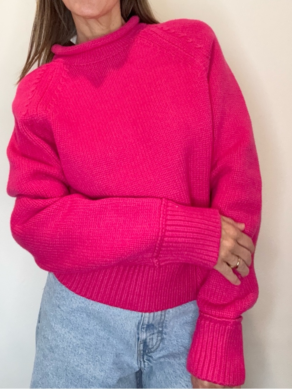 Good American Hot Pink Scoop Crewneck Sweater